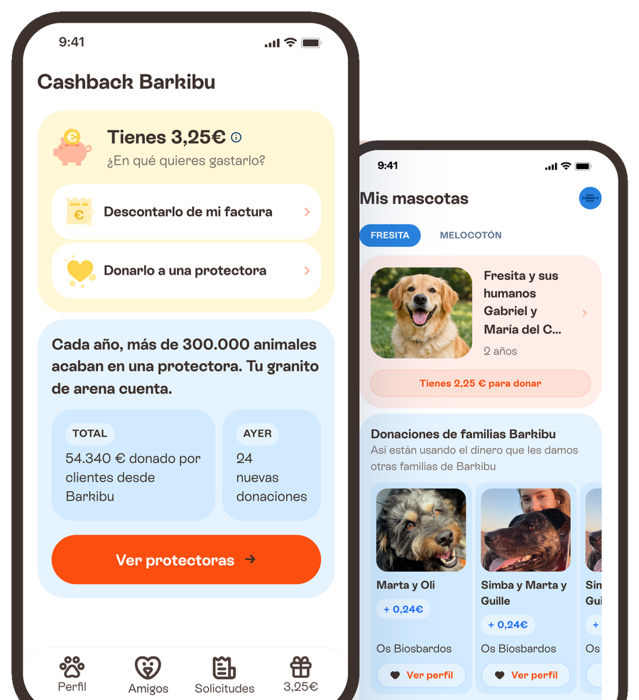 App Barkibu: pantalla de Cashback con la opción de donarlo a una protectora